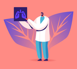 Pulmonology Specialist, Professional Doctor Holding X-ray Image of Lungs Learning Patient Fluorography with Tuberculosis or Pneumonia Disease. Medical Staff Work Cartoon Flat Vector Illustration