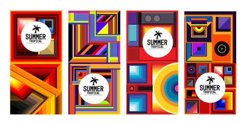 Vector summer tropical abstract geometric colorful background set for print, social media story, fabric, banner, and website. 