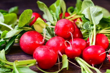 Fresh radish radishes on a wooden background, seasonal vegetables healthy food. vitamin salad recipe