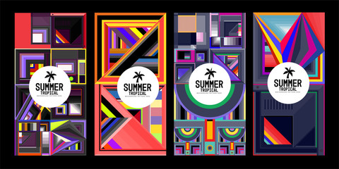 Vector summer tropical abstract geometric colorful background set for print, social media story, fabric, banner, and website. 