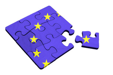 EU Crisis Concept: Incomplete EU Flag Wooden Jigsaw Puzzle With Missing Piece. White isolated background