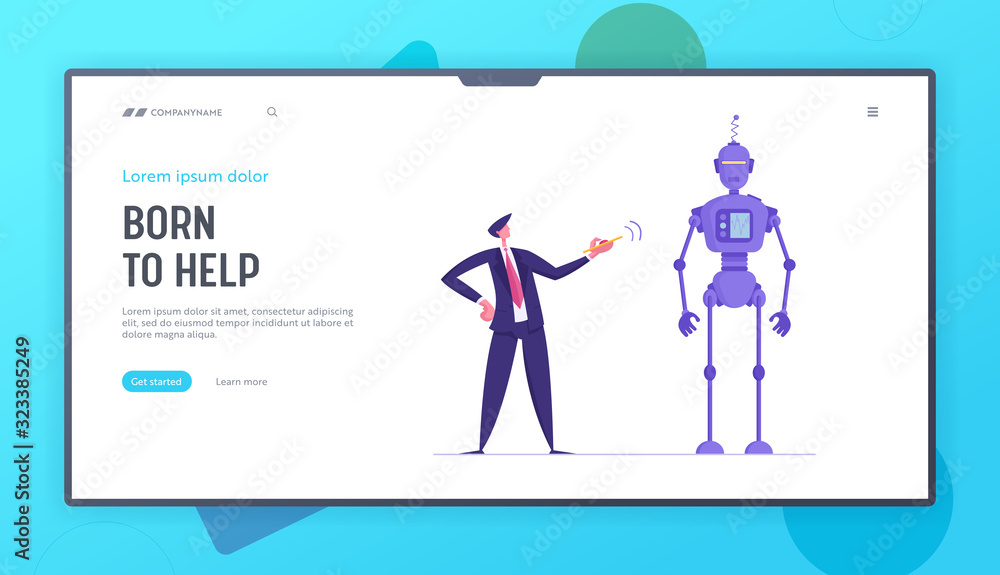 Poster human and robot website landing page. businessman push red button on remote control to make huge rob