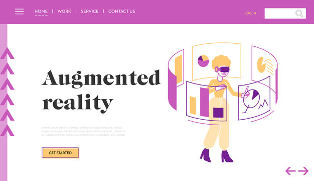 Virtual and Augmented Reality Website Landing Page. Female Character in Vr Goggles Touching Interactive Interface for Working and Studying Web Page Banner. Cartoon Flat Vector Illustration, Line Art