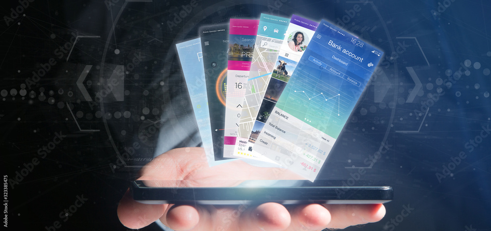 Poster businessman holding mobile application template on a smartphone 3d rendering