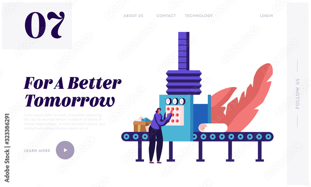 Aufkleber garbage manufacturing website landing page. paper wastes recycling technological process. worker sel
