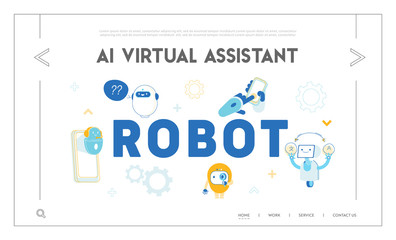 Fototapeta na wymiar Robots, Artificial Intelligence in Human Life Website Landing Page. Chatbot Help Clients Online Answer Questions, Translating Texts, Ai Tech Web Page Banner. Cartoon Flat Vector Illustration, Line Art
