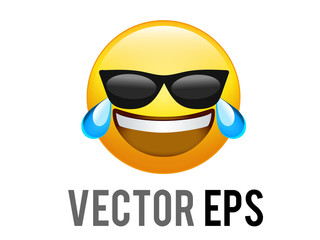 Vector yellow laughing happy face with sunglasses and blue tears emoji icon