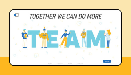 Business Team Website Landing Page. Businessmen Businesswomen Perfect Teamworking Group Work Together on Creative Project, Office Employees Web Page Banner. Cartoon Flat Vector Illustration, Line Art
