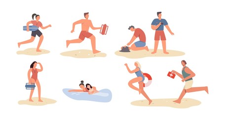 Fototapeta na wymiar Set of cartoon beach lifeguard people isolated on white background. Collection of colored characters with lifeguards inventory vector flat illustration. Saving tourist person life at sea