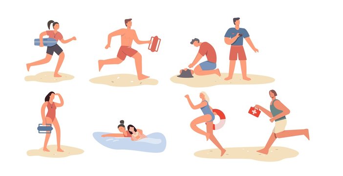 Set of cartoon beach lifeguard people isolated on white background. Collection of colored characters with lifeguards inventory vector flat illustration. Saving tourist person life at sea