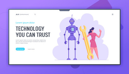Fototapeta premium Futuristic Technology Website Landing Page. Businesswoman with Huge Wrench Stand near Cyborg. Technical Support, Robot Human Business Automatization Web Page Banner. Cartoon Flat Vector Illustration