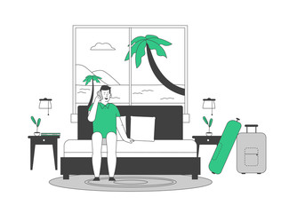 Young Man Tourist Sitting on Couch in Hotel Suit with Luggage stand nearby and Large Window with Seascape and Palm Trees View. Summer Vacation on Resort Cartoon Flat Vector Illustration, Line Art