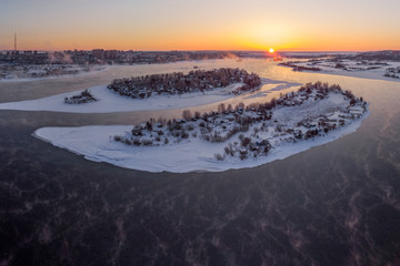 Winter dawn over the Angara. View from above