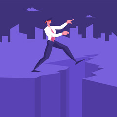 Blindfold Businessman Step into Abyss. Leap of Faith Concept with Business Man Walks Off the Cleft Searching Path near Deep Precipice. Business Risk and Bankruptcy Cartoon Flat Vector Illustration
