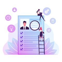 Kyc or Know Your Customer Concept. Idea of Business Identification and Finance Safety. Woman with Magnifying Glass Learn Profile of Man Bank Client Cyber Crime Defence Cartoon Flat Vector Illustration