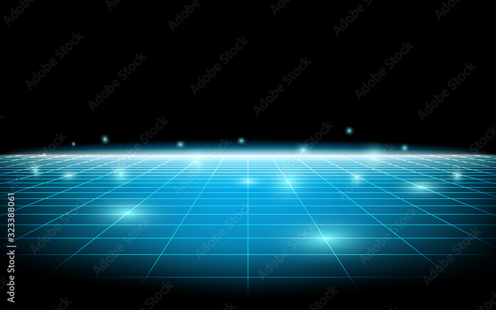Poster vector perspective 3d mesh with simple grid blue line on dark background.