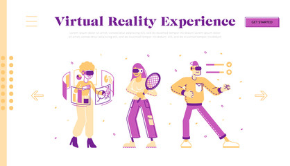 People Use Virtual Reality Technology Website Landing Page. Characters in Vr Goggles Playing Augmented Reality Games, Work, Study and Driving Web Page Banner. Cartoon Flat Vector Illustration Line Art