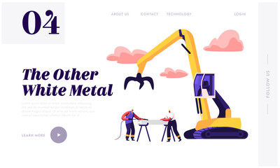 Crane Arm Loading Metal Scrap on Scrapyard Website Landing Page. Scrapmetal Recycling and Reuse. Workers in Uniform and Hardhat Welding Iron Rail Web Page Banner. Cartoon Flat Vector Illustration