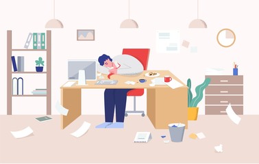 Tired man in suit sleeping on desk at work surrounded by chaos vector flat illustration. Workaholic business male weary in front of computer at modern workplace graphic design