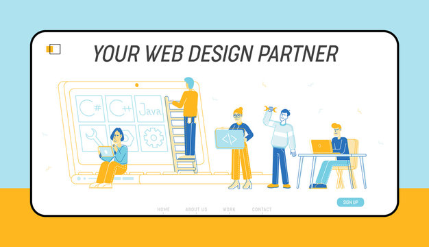 Front End Development Website Landing Page. Developers Create Interface, Coding and Programming on Pc Html Data Base Structure, Java Script Web Page Banner. Cartoon Flat Vector Illustration, Line Art