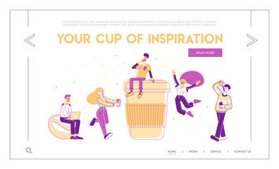 People Drinking Coffee or Hot Drink in Disposable Cardboard Takeaway Cups Website Landing Page. Male Female Characters Morning Refreshment Web Page Banner. Cartoon Flat Vector Illustration, Line Art