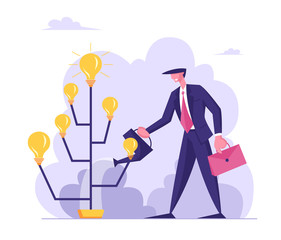 Creative Businessman Wearing Formal Wear Watering Idea Tree with Glowing Light Bulbs on Branches. Startup Project Bringing Financial Money Success, Brainstorm Insight Cartoon Flat Vector Illustration