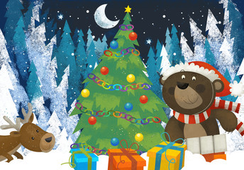 winter scene with forest animal santa claus animal in the forest near christmas tree illustration
