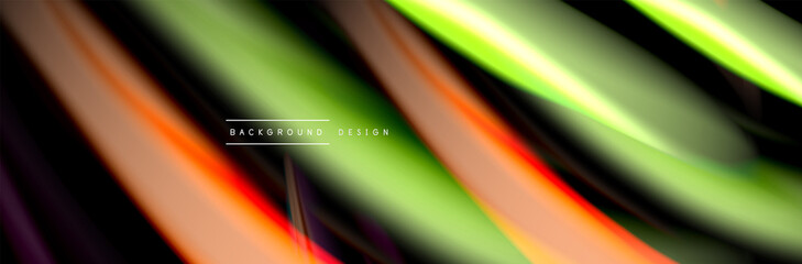 Silk and smooth flow wave poster design. Color waves, liquid style lines and shapes in black color background