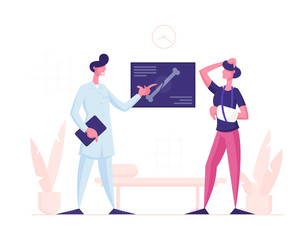 Medical Doctor Showing X-ray Picture with Limb Fracture to Male Patient with Broken Arm. Healthcare, Man with Injured Bandaged Hand Visiting Hospital for Appointment Cartoon Flat Vector Illustration