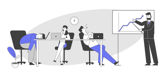 Businesspeople Boring at Meeting or Presentation. Businessman Explain Company Strategy or Data Analysis Stand at Whiteboard, Boring Employees Sleeping at Desk Cartoon Flat Vector Illustration Line Art