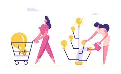 Businesswoman Inventor Growing Idea Tree with Light Bulbs instead of Leaves Giving Harvest to other People. Happy Business Woman Pushing Shopping Cart with Huge Lamp Cartoon Flat Vector Illustration