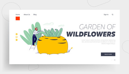 Obraz na płótnie Canvas Gardening Hobby and Outdoors Activity Website Landing Page. Character Stand on Ladder at Huge Ripe Turnip, Farmer or Gardener Work in Village Web Page Banner. Cartoon Flat Vector Illustration Line Art