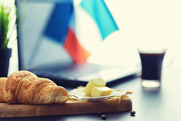 Fresh pastries on the table. French flavored croissant.