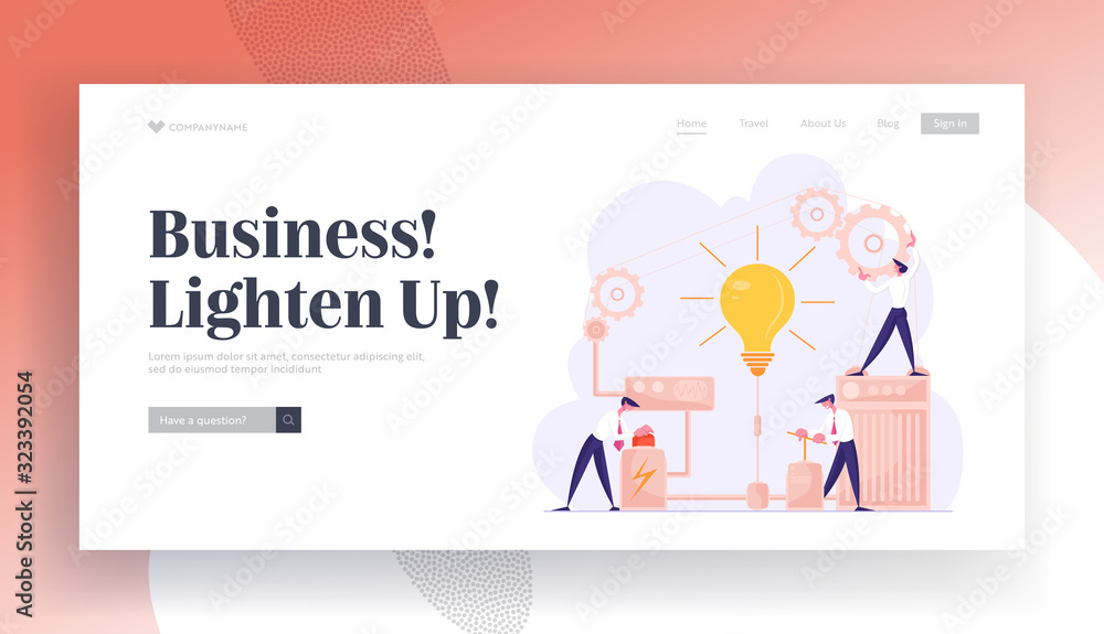 Poster business project startup and searching solution website landing page. businessmen launch huge light 