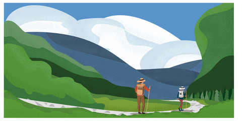 Vector illustration of spring mountain landscape.Young couple at mountain trail or hiking in Spring summer .The adventure or people activities concept.   © Paansaeng