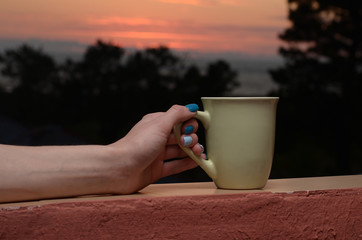 Female hand holding white mug on sunset background. Copy space mock up
