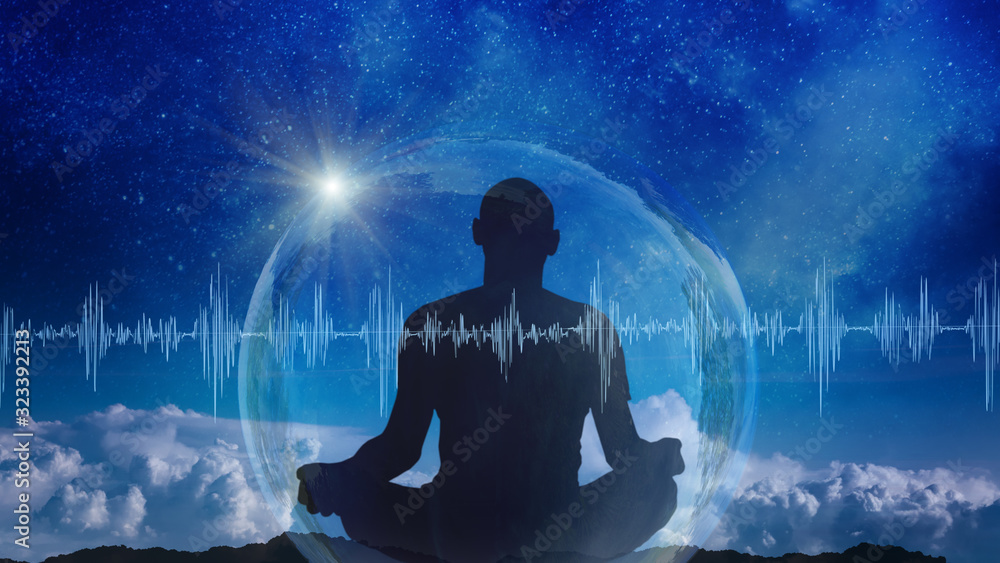 Wall mural yoga cosmic space meditation illustration, silhouette of man practicing outdoors at night