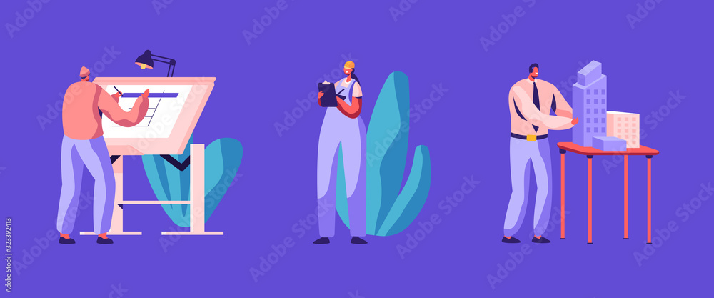 Poster set of building and engineering construction works. architect engineer working on project painting p