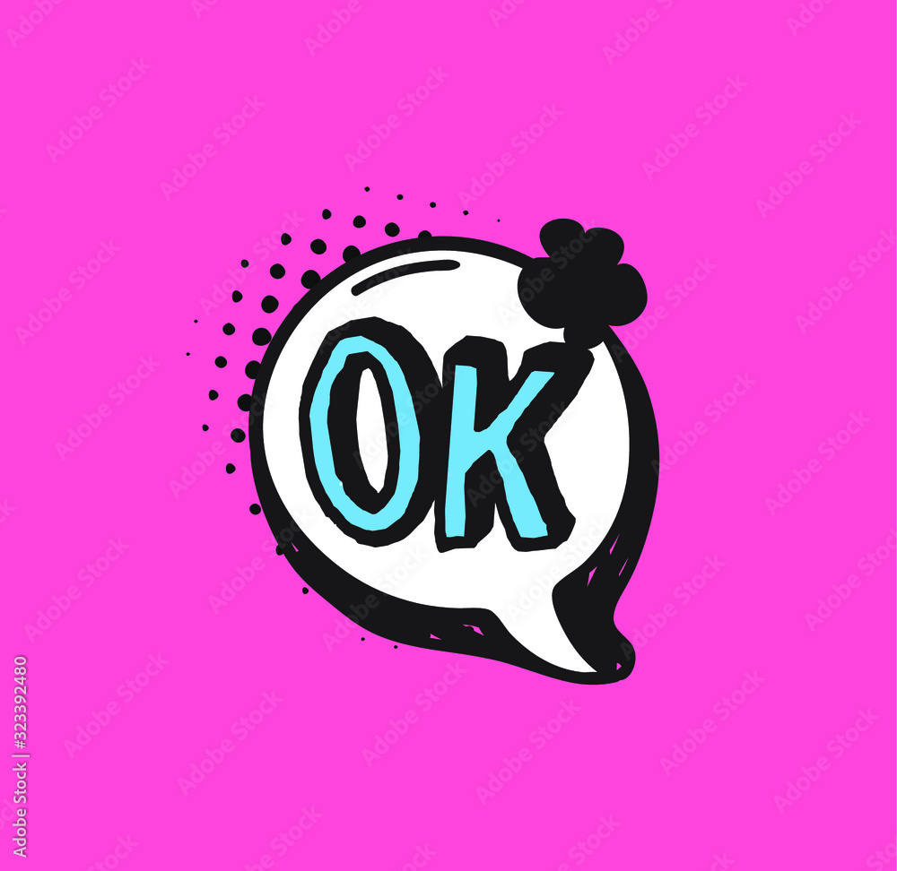 Poster hand drawn speech bubble with text on pink background and halftone. vector pop art object and word. 