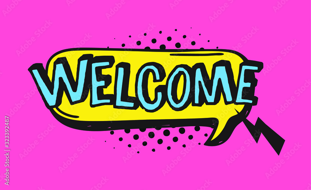 Poster hand drawn speech bubble with text on pink background and halftone. vector pop art object and word. 