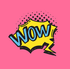 Hand drawn speech bubble with text on pink background and halftone. Vector pop art object and word. Doodle element for dialog or comic