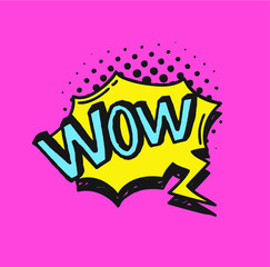 Hand drawn speech bubble with text on pink background and halftone. Vector pop art object and word. Doodle element for dialog or comic
