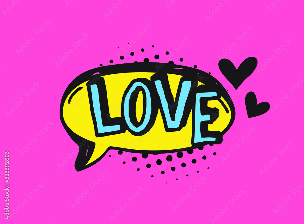 Poster hand drawn speech bubble with text on pink background and halftone. vector pop art object and word. 