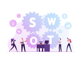 Swot, Analysis, Strengths, Weaknesses, Opportunities, Threats Concept. Businesspeople Working around Huge Cogwheels, Tired Businessman Lying on Desk with Computer Cartoon Flat Vector Illustration