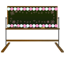 花紙、桜、足付き黒板、黒板消し、チョーク(木製・黒の黒板)