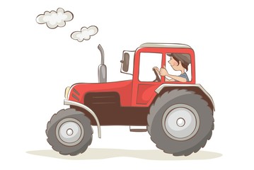 Cheerful tractor driver. Vector illustration, woman farmer rides in a red tractor