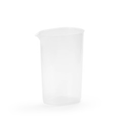 A small plastic cup with a spout. Close up. Isolated on a white background