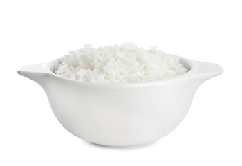 Bowl with cooked rice isolated on white