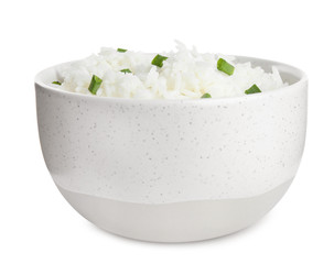 Bowl with cooked rice isolated on white
