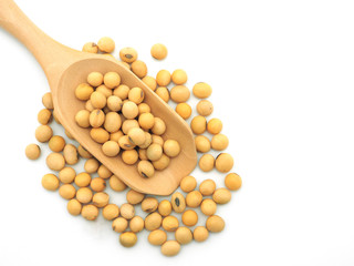 Top view  soybeans in wooden scoop isolated on white background.  
